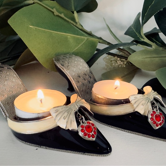 PartyLite 2 Shoe Tealight Holder Enamel Cast Metal Austrian Crystal 5.5"Wx1.5" - Picture 4 of 11